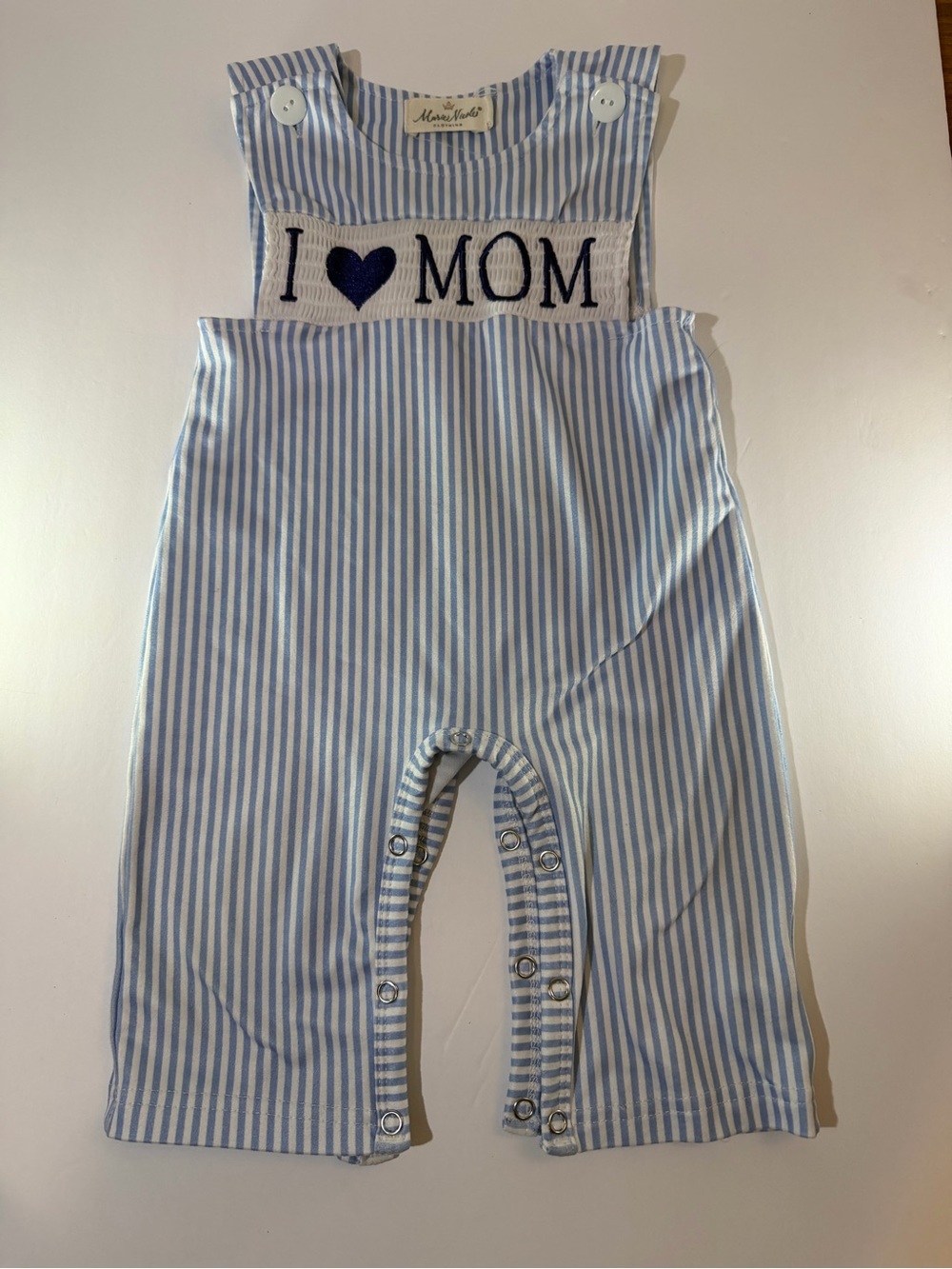 Light Blue Stripe 'I ♥ Mom' Baby Overalls by Marie-Chantal